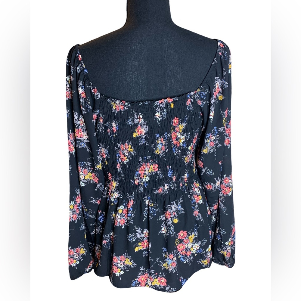 Pleione Size Medium Womens Blouse Black Floral Smocked Long Sleeve Baby Doll Top - Picture 2 of 8